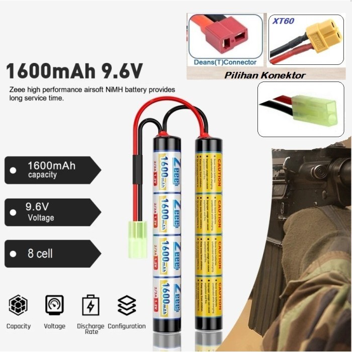 ZEEE 1600mAh 9.6v 8s NiMH Battery Airsoft Batrai Rc Plane Car