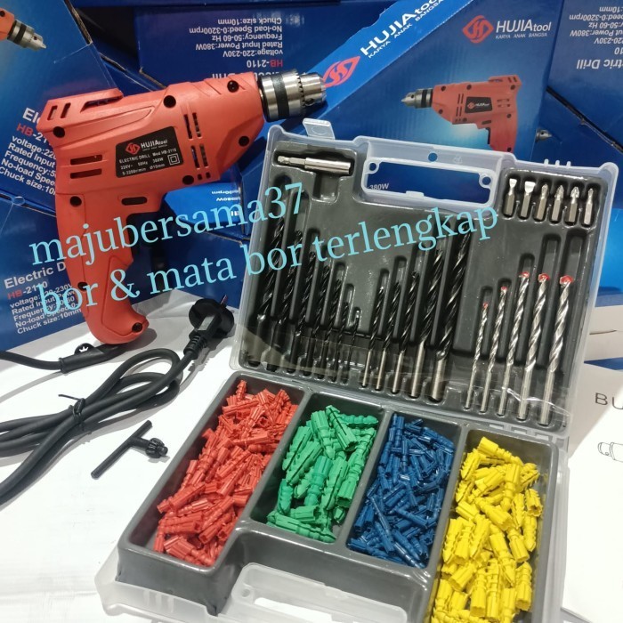 MESIN BOR TANGAN HUJIA 10MM DAN MATA BOR LENGKAP 300PC BOR LISTRIK