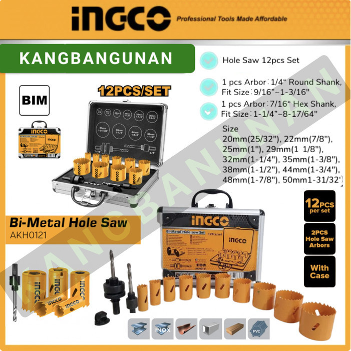 AKH0121 12PCS HSS BI-METAL HOLESAW HOLE SAW BESI METAL INOX SET INGCO
