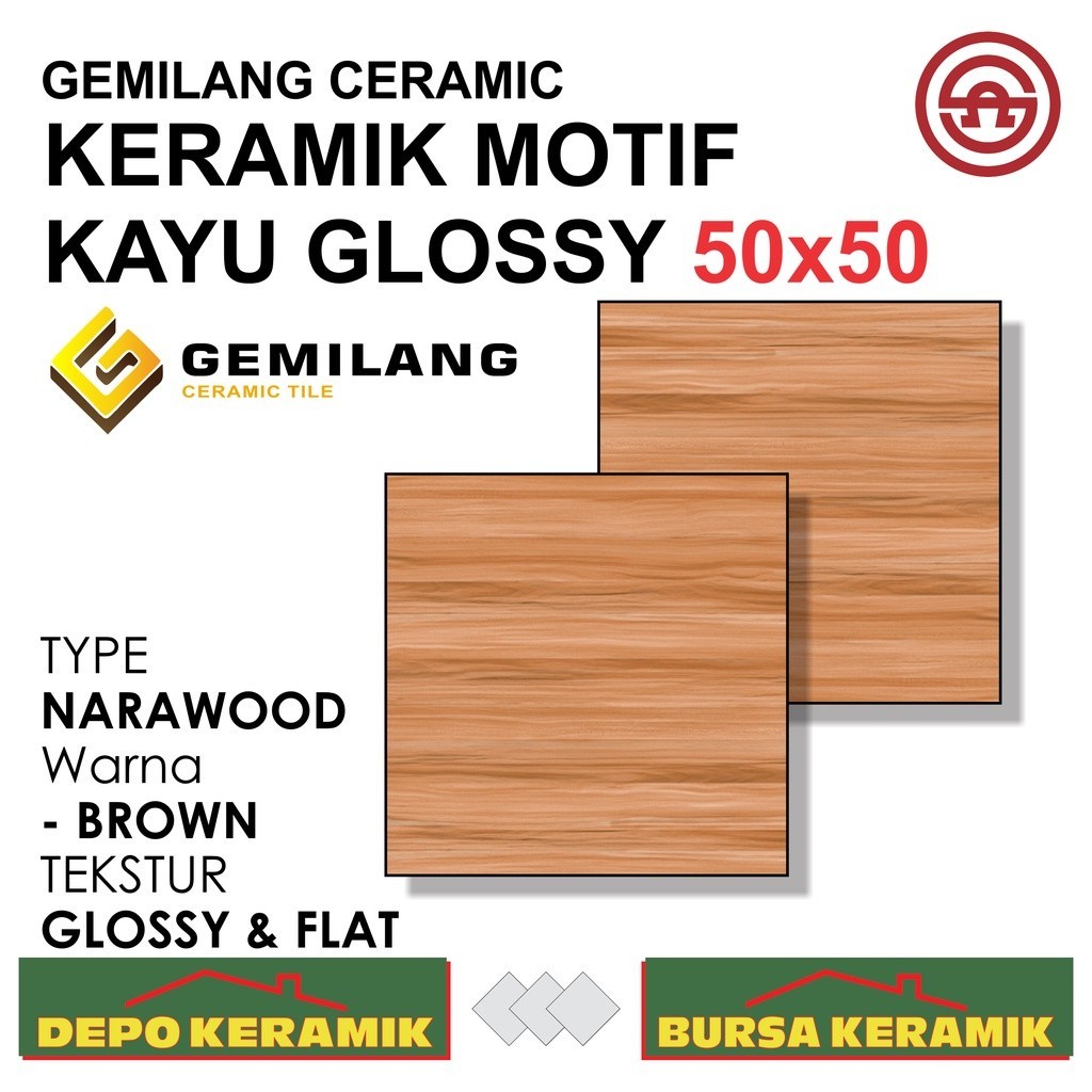 Keramik Motif Kayu Glossy 50x50 NARAWOOD BROWN -GEMILANG- Glossy&Marble