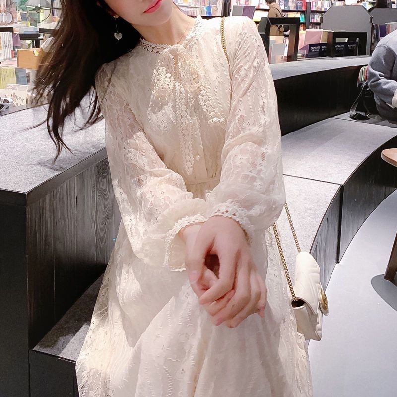 Gaun Dalaman Renda Lengan Panjang, Gaun Midi Elegan Mori Manis Gaya Korea