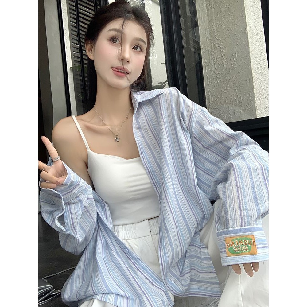 Baju Lengan Panjang Kerah Polo Garis-garis, Baju Pelindung Matahari Tipis Longgar, Baju Lengan Panja