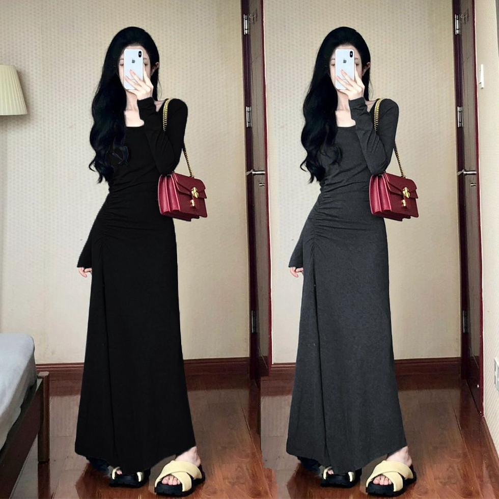 Pleated Adult Lady like Woman Dress Women's French Slim Fit Inner Wear Long Dress