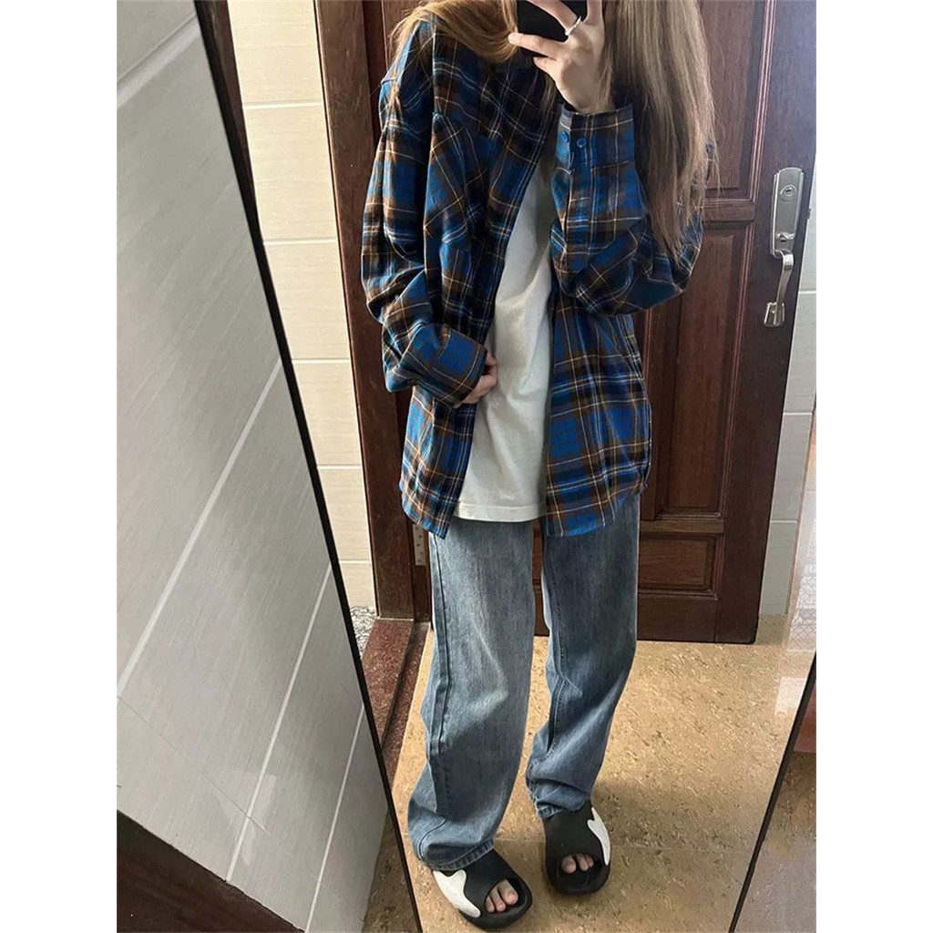 Jaket Wanita Kotak-kotak Biru Retro, Kemeja Wanita Kotak-kotak Biru, Jaket Longgar Kasual Mudah Coco