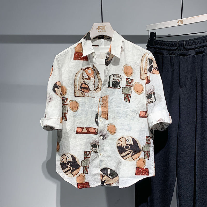 Kemeja Motif Bunga Kasual, Baju Lengan Pendek Kasual Bercetak Unik Netral untuk Wanita