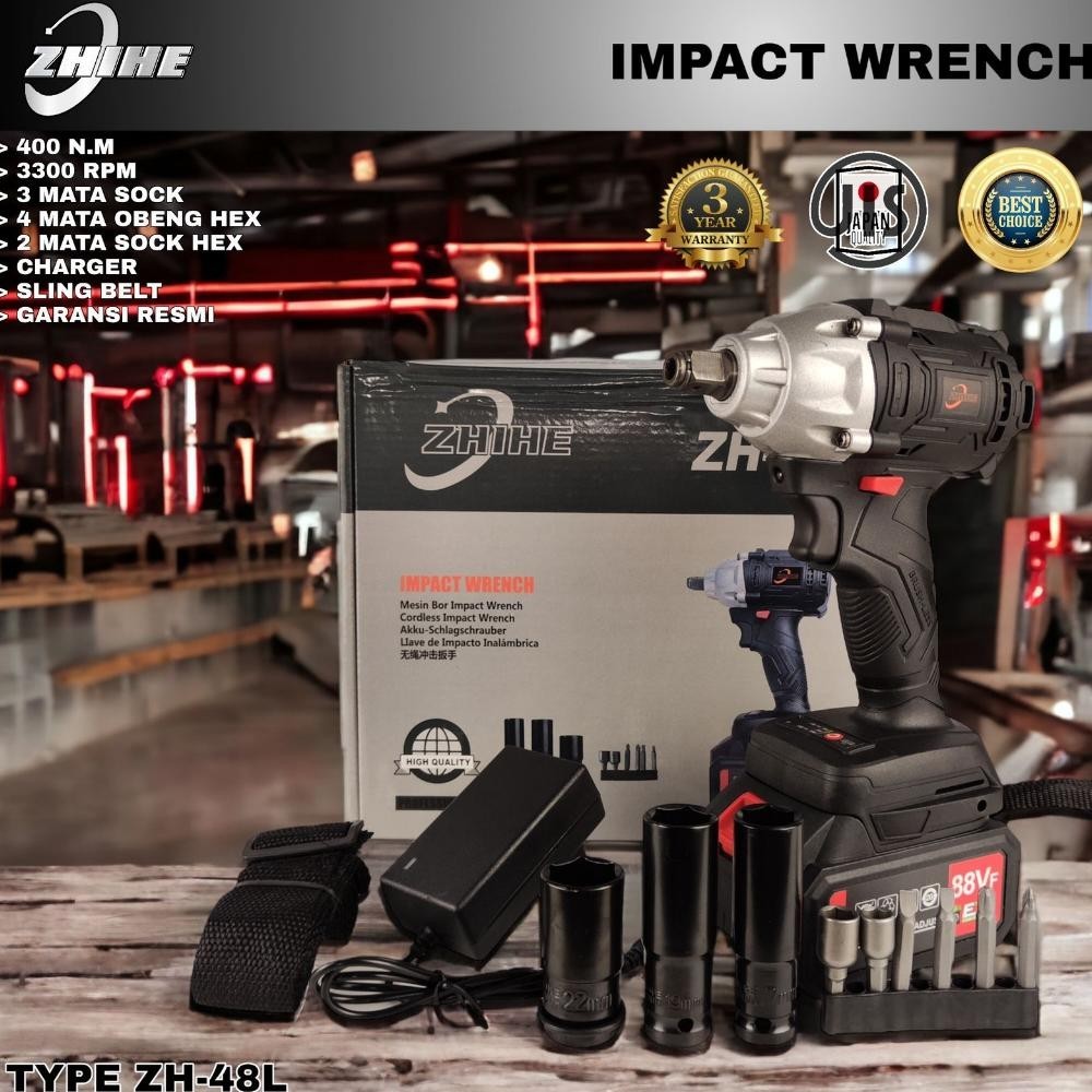 Mesin Bor Pembuka Baut Impact Wrench Garansi 5Thn Zhihe Zh-48L 1 Baterai