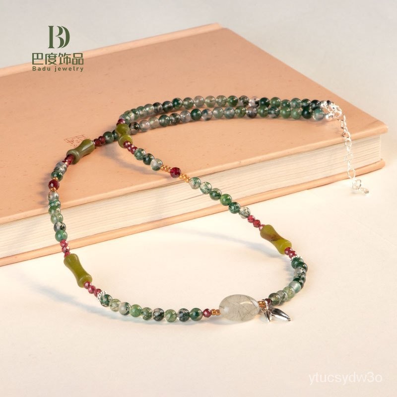 Kalung Batu Akik Tanaman Air Alami, Kalung Manik-manik Bambu Hijau, Gelang Banyak Lingkaran Daun Bam