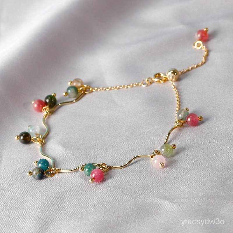 Gelang Kuarsa Stroberi Batu Bulan Turmalin Merah Anggur Gelang Hadiah Pacar Kristal Dingin Wanita