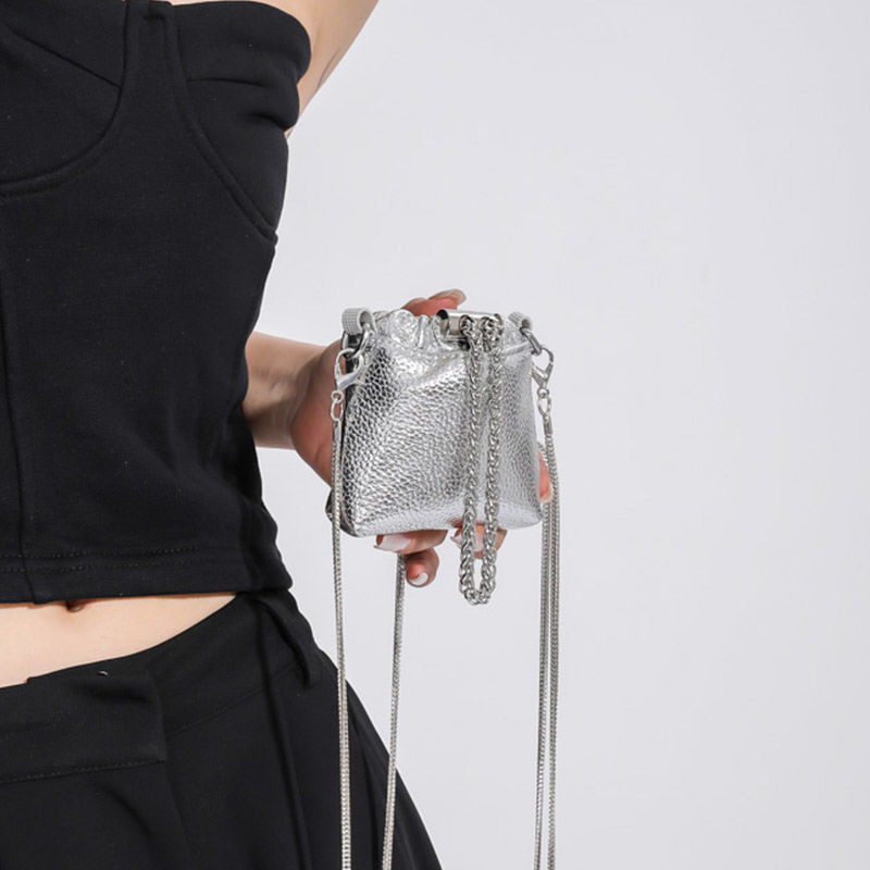 Silver Chain Lipstick Crossbody Bucket Earphone Bag