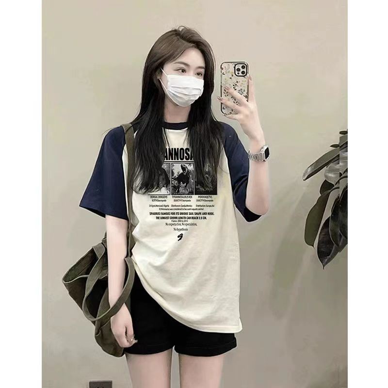 Wanita Katun Combed Lengan Pendek Warna Cocok Raglan Dicetak Longgar Lengan PendekTBaju Kaos