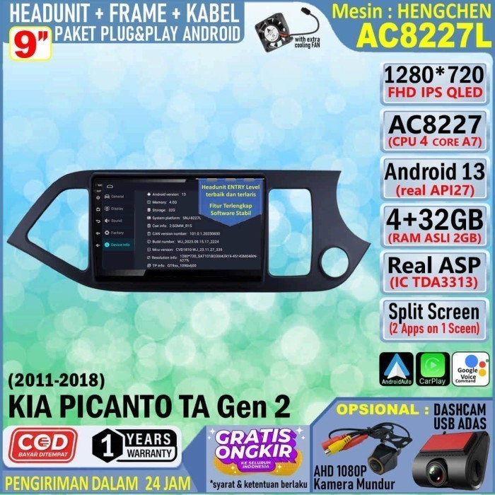 Paket Headunit Android 9 inch + Frame + Soket PNP KIA Picanto TA 2011 Hengchen AC8227 RAM 2GB-ROM 32