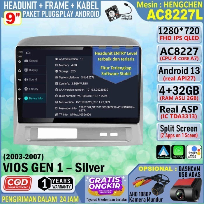 Paket Headunit Android 9 inch + Frame + Soket PNP Toyota Vios Gen 1 - Silver Hengchen AC8227 RAM 2GB