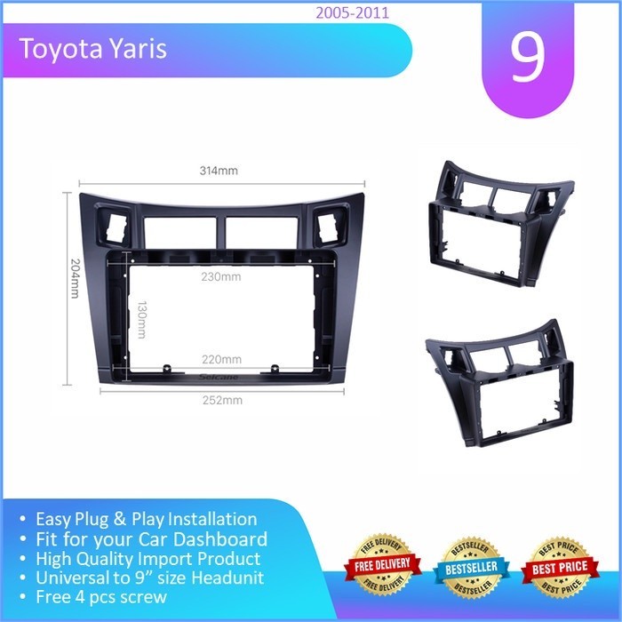 Frame Head Unit Android 9 Inch Toyota Yaris Bakpao 2005-2013