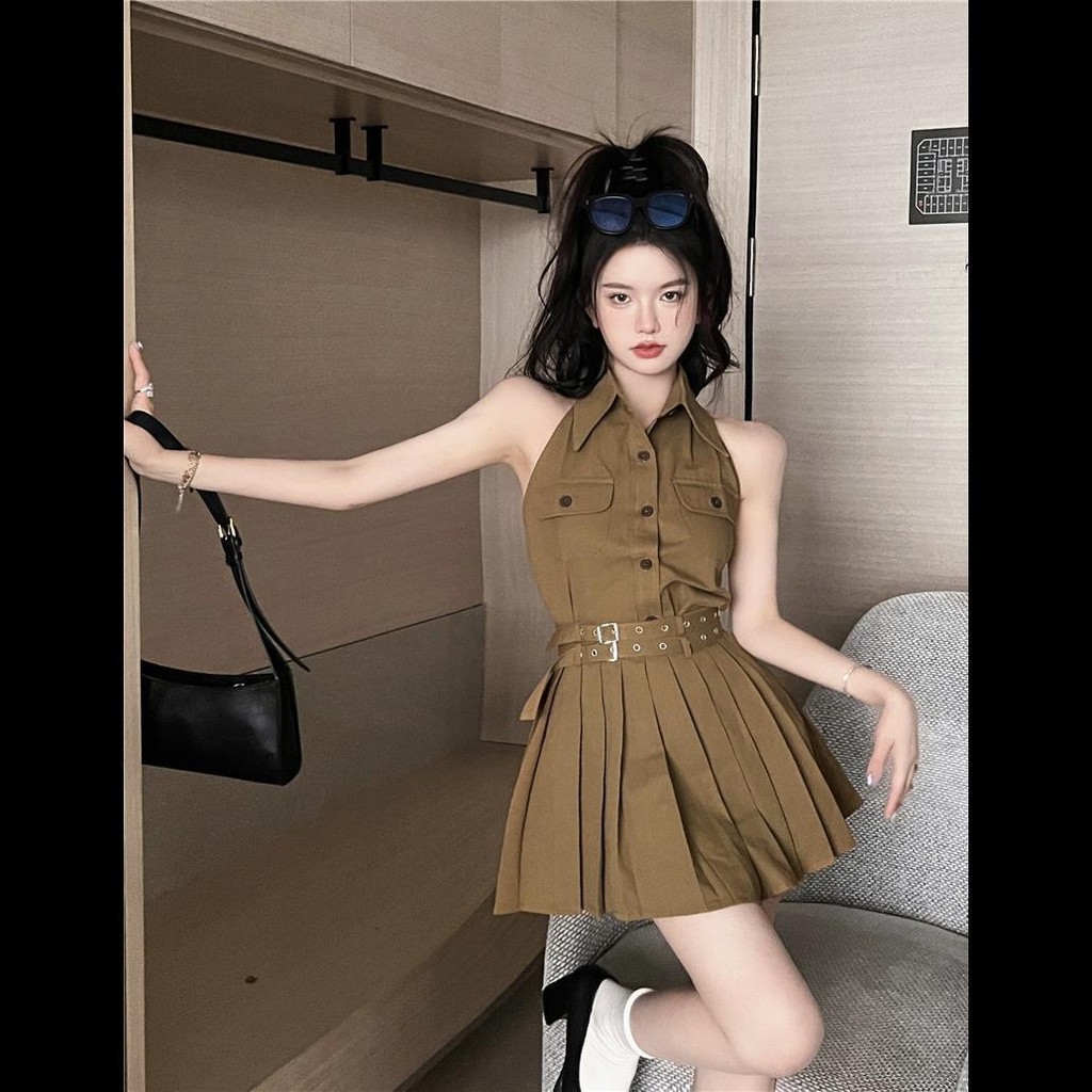 Set busana kerah polo kerah kamisol tanpa lengan rompi atasan atasan wanita senior rasa lipit rok se