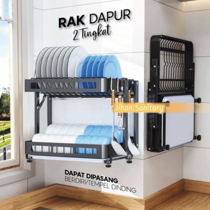 Rak Piring Dapur 2 Tingkat Lipat Gantung Tempel Dinding Stainless
