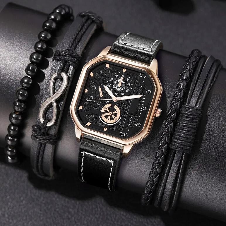 Diskon Besar En Ligne - 6Pcs/ Set -  Jam Tangan Kasual Pria Quartz Tali Kulit Set Gelang El1299 Prom