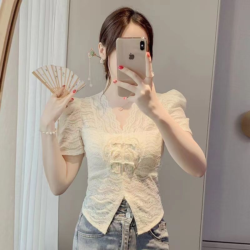 Kemeja Wanita Import Gaya Tiongkok Baru RetrovBlus Kerah Renda Gaya Perancis Lengan Pendek Niche