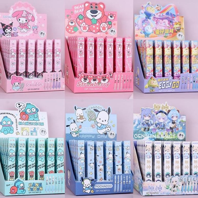 

Sedang Promooo !!! [Randomstuff] 1 Box 36 Pcs Pena Pencet Pegangan Busa Tinta Hitam Pulpen Motif Kuromi Eggy Party Pochacco Genshin Hangyodon Lotso Aesthetic Serbaguna Gelpen Mystery Pattern