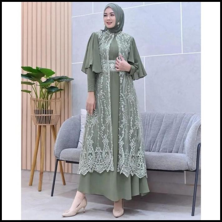 (MURAH) Dress Outer Brukat Pesta 2023 Green Sage Gamis Clarisa By Silahkan diorder