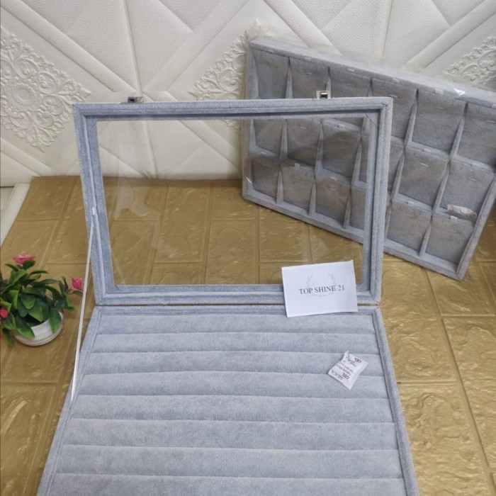 Ready Display/Tempat Cincin Kotak Kaca/Bahan Bulu Halus Abu-abu