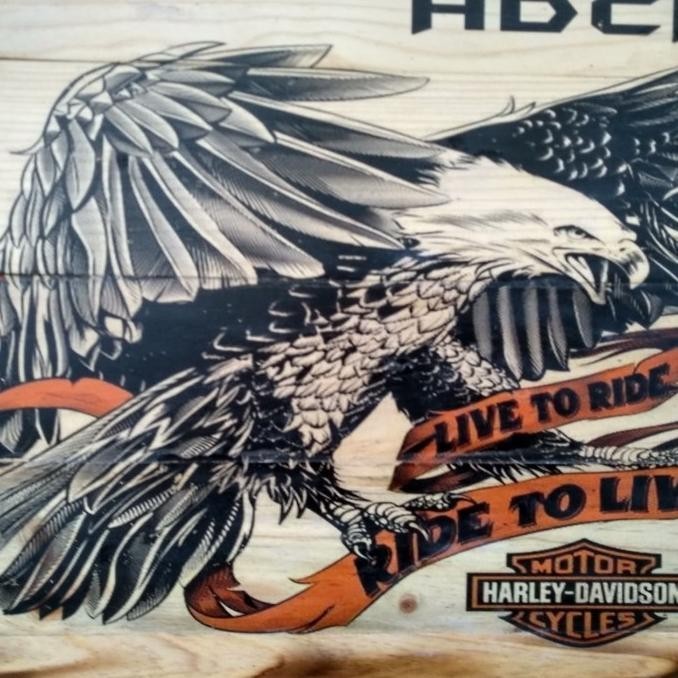 Lukisan Kayu Jatibelanda Bakar Harley Davidson Hiasan Dinding Vintage