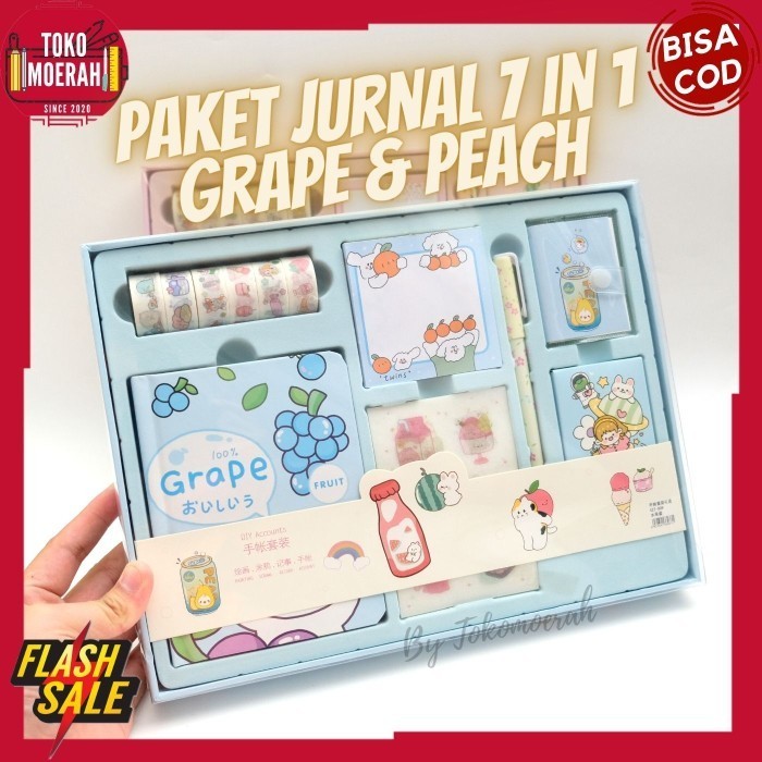 

Paket Jurnal 7 In 1 Fruits Girl Day Peach Grape Buku Washi Tape