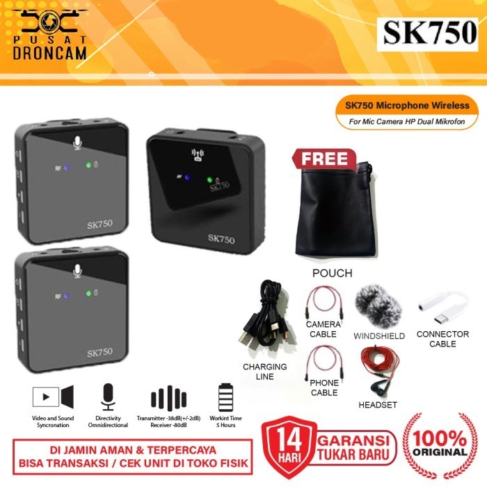 Ready SK750 Microphone Clip On Wireless Mic Camera HP Dual Mikrofon