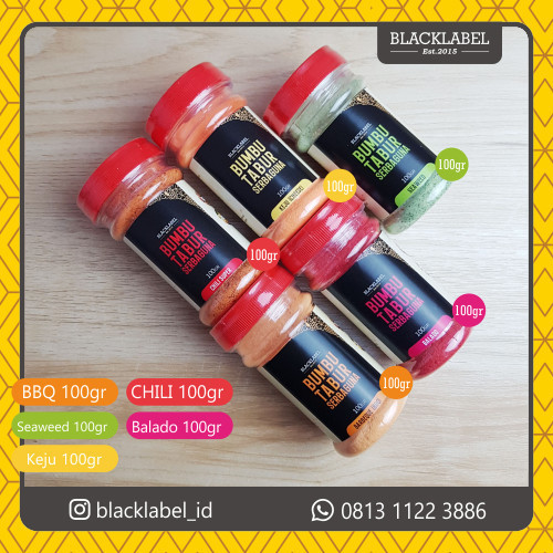 

Ready Bumbu Tabur Paket 5 Rasa (BBQ, Seaweed, Cabe, Balado, Keju,) - 100gr