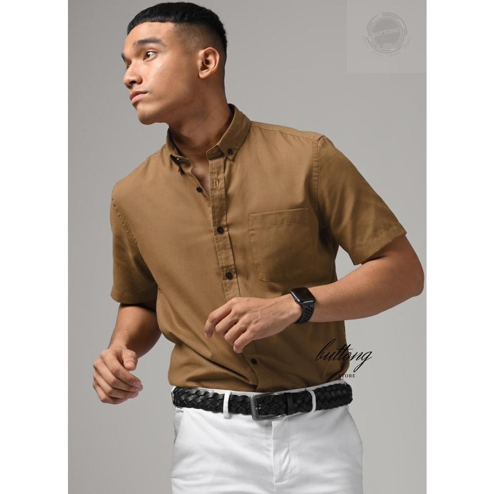 Kemeja Polos Pria Lengan Pendek Cowok Casual Kantoran Laki Laki Coklat Mocca Cream