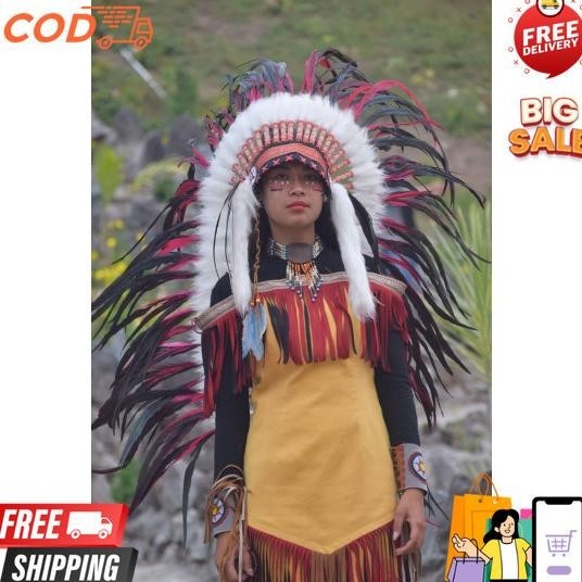 Topi Indian - Indian Headdress Medium Ayam Bilabong Merah Fur Putih Topi Suku Dayak Tradisional Bant