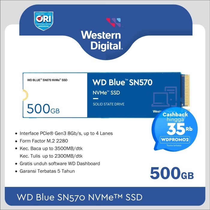 WD BLUE SSD SN570 500GB - M2 NVME 2280 - UP TO 3500 MB/S - ORIGINAL ORIGINAL BEST QUALITY
