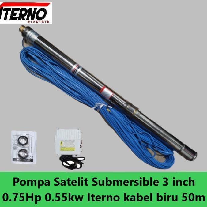 Pompa Satelit Submersible 3 Inch 0.75Hp 0.55Kw Iterno Kabel Biru 50M