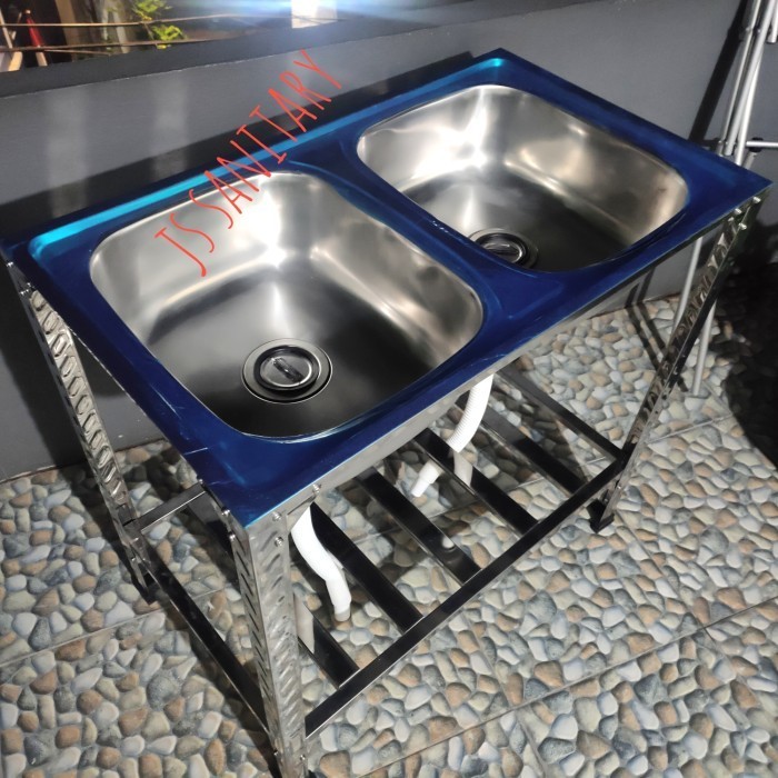 Bak Cuci Piring Meja Stainless + Kaki Portable 2 Lobang 80Cm