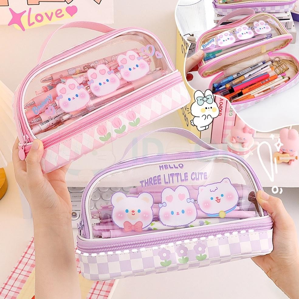 

GB29 IDOON Pencil Case Transparan Korea Tempat Pensil Besar Dua Lapis Kotak Pensil Tempat Pola Hewan Lucu Terlaris