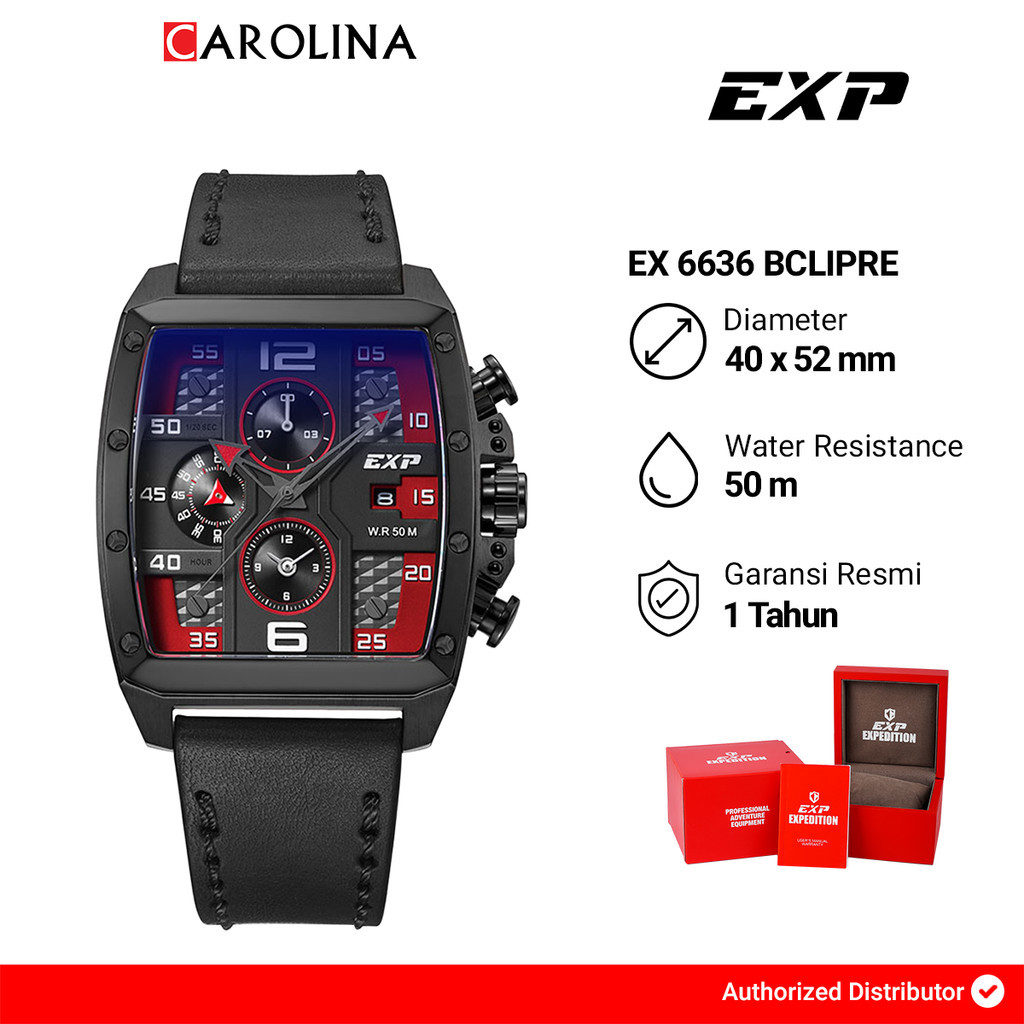 Jam Tangan Wanita Expedition EXP Chronograph EX 6636 BCLIPRE Red Dial Black Leather Strap