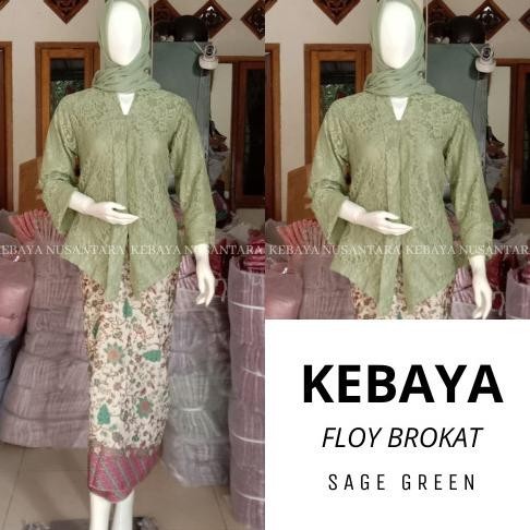 Setelan Kebaya Modern Kutu Baru Brokat Floy Sage Green & Rok Batik