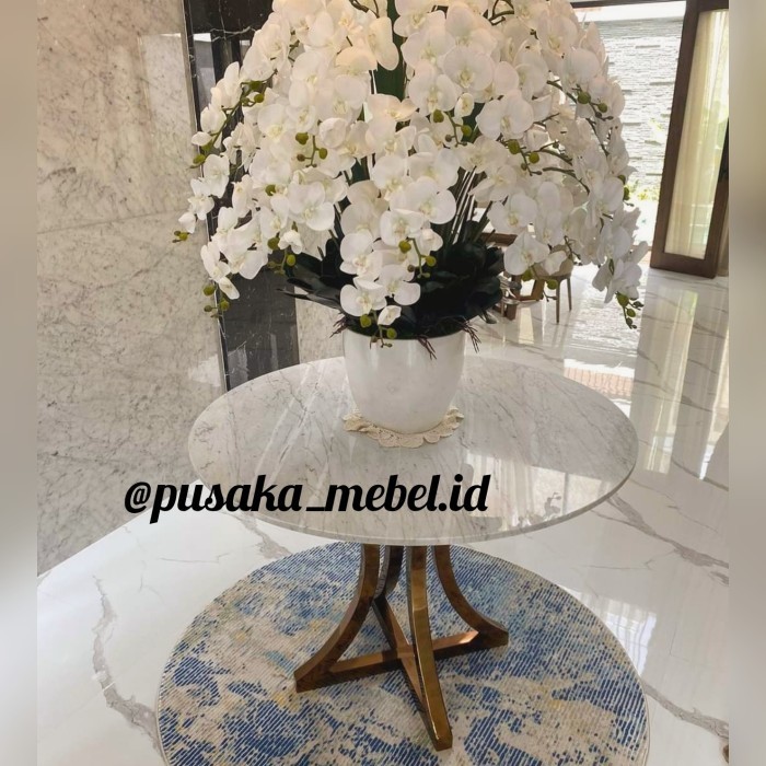 meja makan bulat marmer kaki besi stainless, meja makan marmer putih