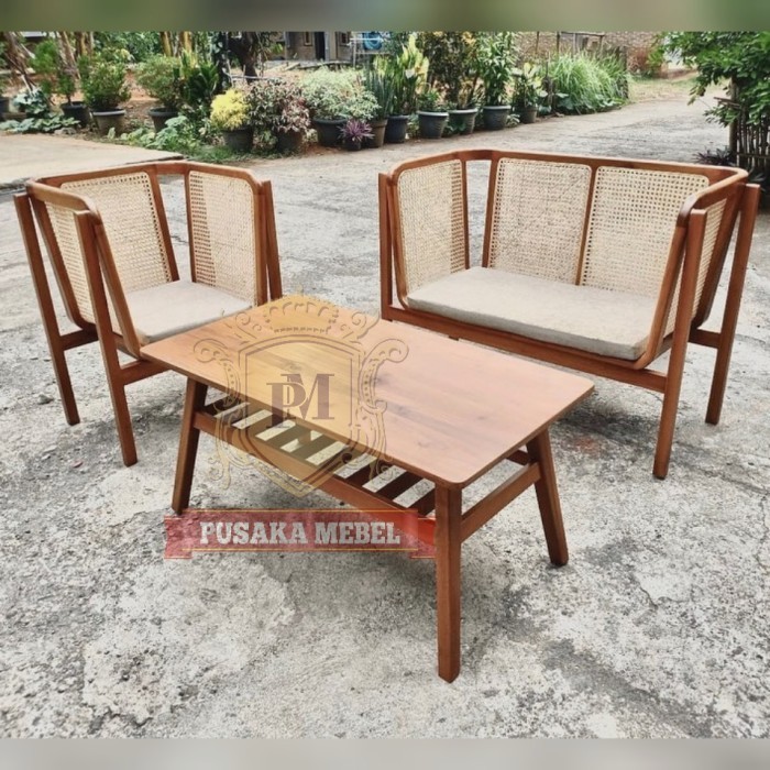 bangku rotan kayu jati, kursi tamu rotan kayu jati, bangku vintage
