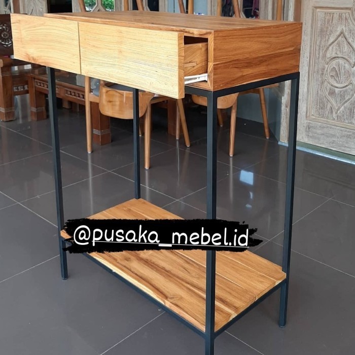 Meja Konsul Laci Kayu Kombinasi Besi Industrial, Meja Nakas Laci Kayu