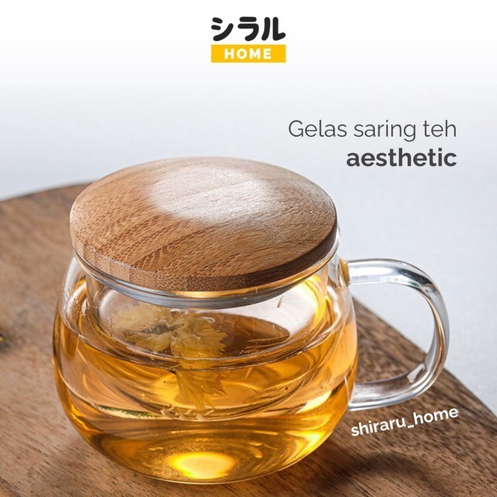 Gelas Teh Saringan Kaca Tutup Kayu Cangkir Teko Saring Aesthetic
