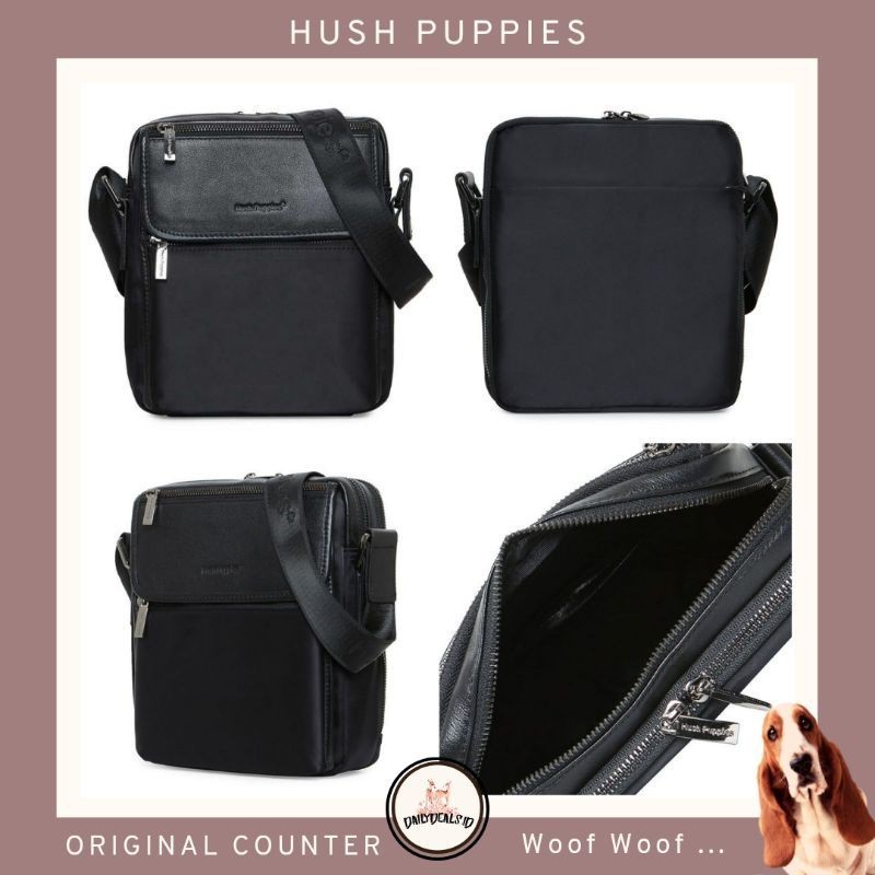 [READY] TAS PRIA HUSH PUPPIES SLING HITAM ORIGINAL COUNTER POLYESTER NYLON KULIT ASLI LEATHER