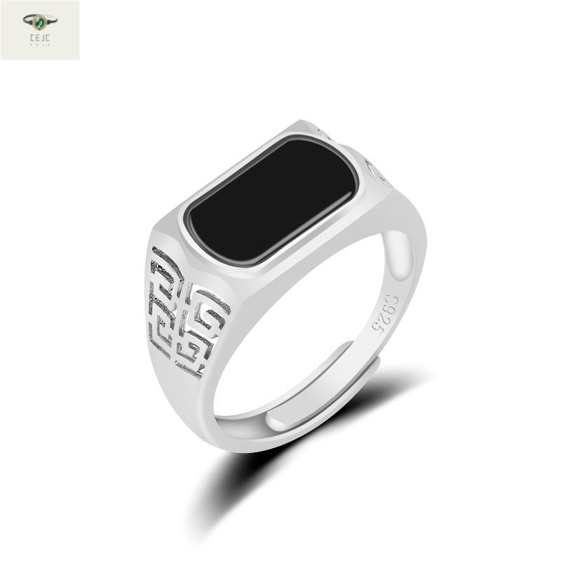 （Dengan Sertifikat）（ytucsydw3o）S925Alami PerakAJade Cincin Sadel Jadeite Hitam Pria, Cincin Giok Gra