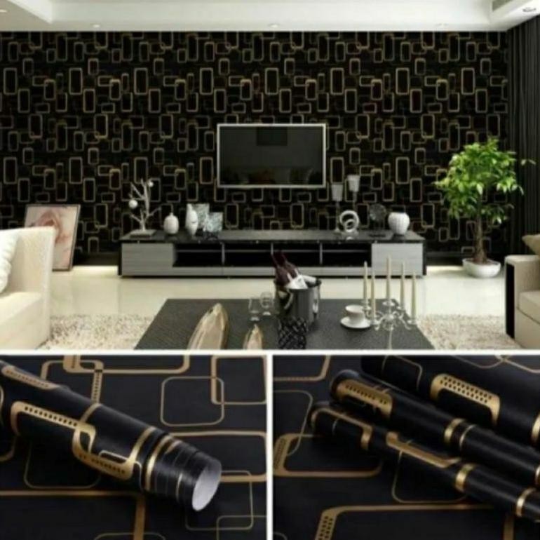 Wallpaper dinding motif kotak ukuran 10m x 45cm gold hitam putih kuning ungu minimalis aesthetic unt