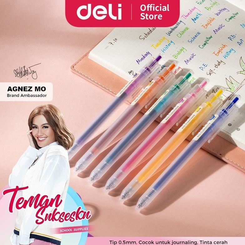 

It34 Deli School Gel Pen / Pulpen Gel 0.5 mm 6 Warna Retracable Gratis Sticker Lucu EG118-6C Sale