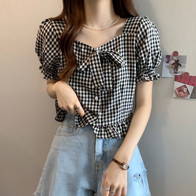 Kemeja Kotak-kotak Kecil Wanita Atasan Pendek Kerah Persegi