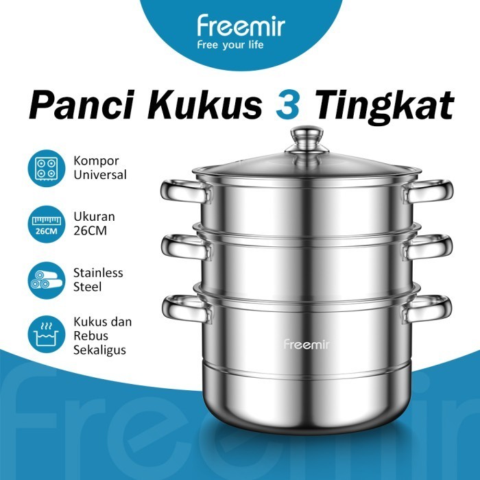 Produk Terlaris Freemir Panci Kukus 3 Susun Tutup Kaca Kukusan Stainle