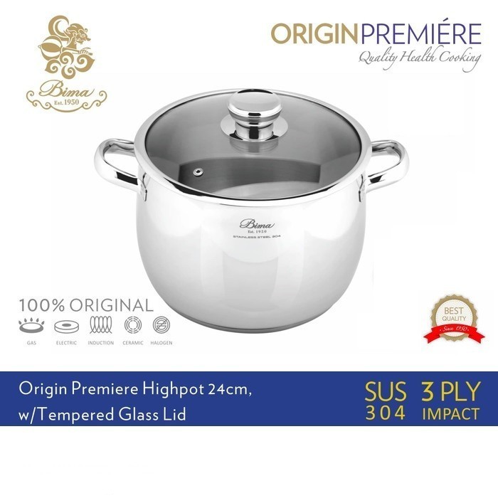 Bima Origin Premiere Highpot 24 Cm Panci Tinggi Tutup Kaca Stainless