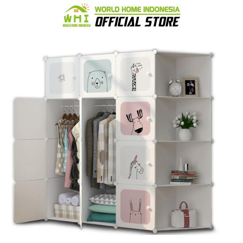 Lemari Plastik Portable Lemari Baju Serbaguna 12 Pintu 4 Rak Lemari Pakaian Bongkar Pasang