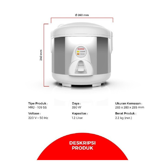 Maspion Rice Com Mrj 109 Ss 1.2 Liter Rice Cooker