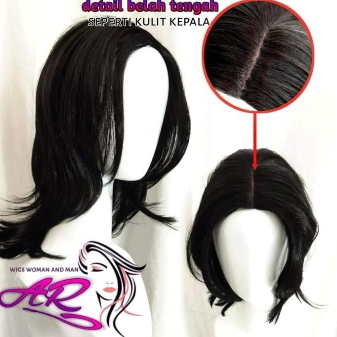 Wig Pria Panjang Rambut Palsu Pria Belah Tengah